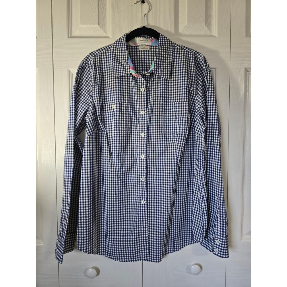 Van Heusen Womens Navy Blue Gingham Check Button Down Shirt Classic Fit Large